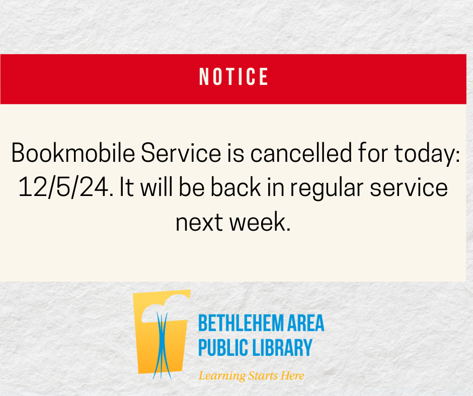 BAPL bookmobile service is cancelled for today - 12/5/24. See you next week. 18s